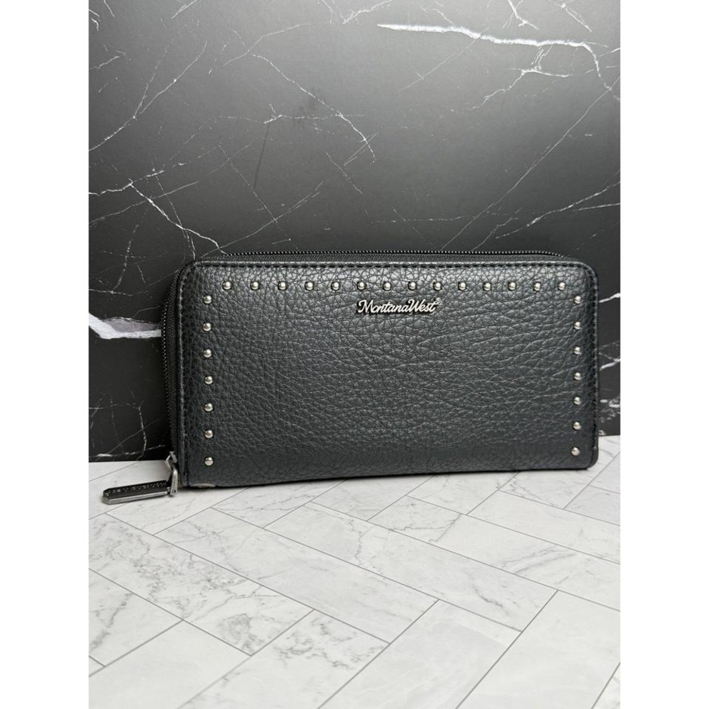 Montana West Cowgirl Studded Leather Wallet Clutch — Charcoal